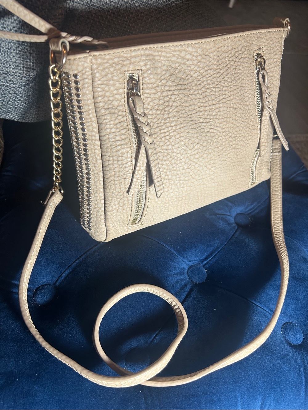 Tan Crossbody Bag with Chain and Stud Accents